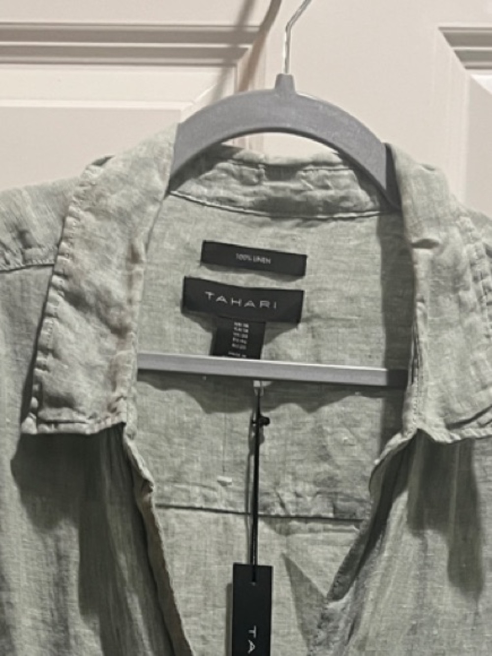 Tahari Lightweight Sage Green Button-Down Linen Shirt